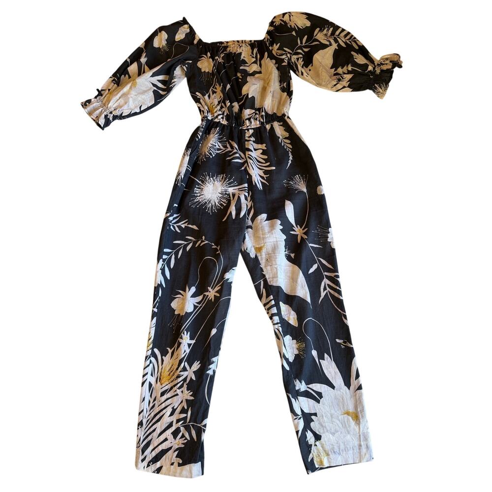 Anna Glover X H&M Boho Cottage Floral Bumblebee Puff Sleeve Jumpsuit Size 6